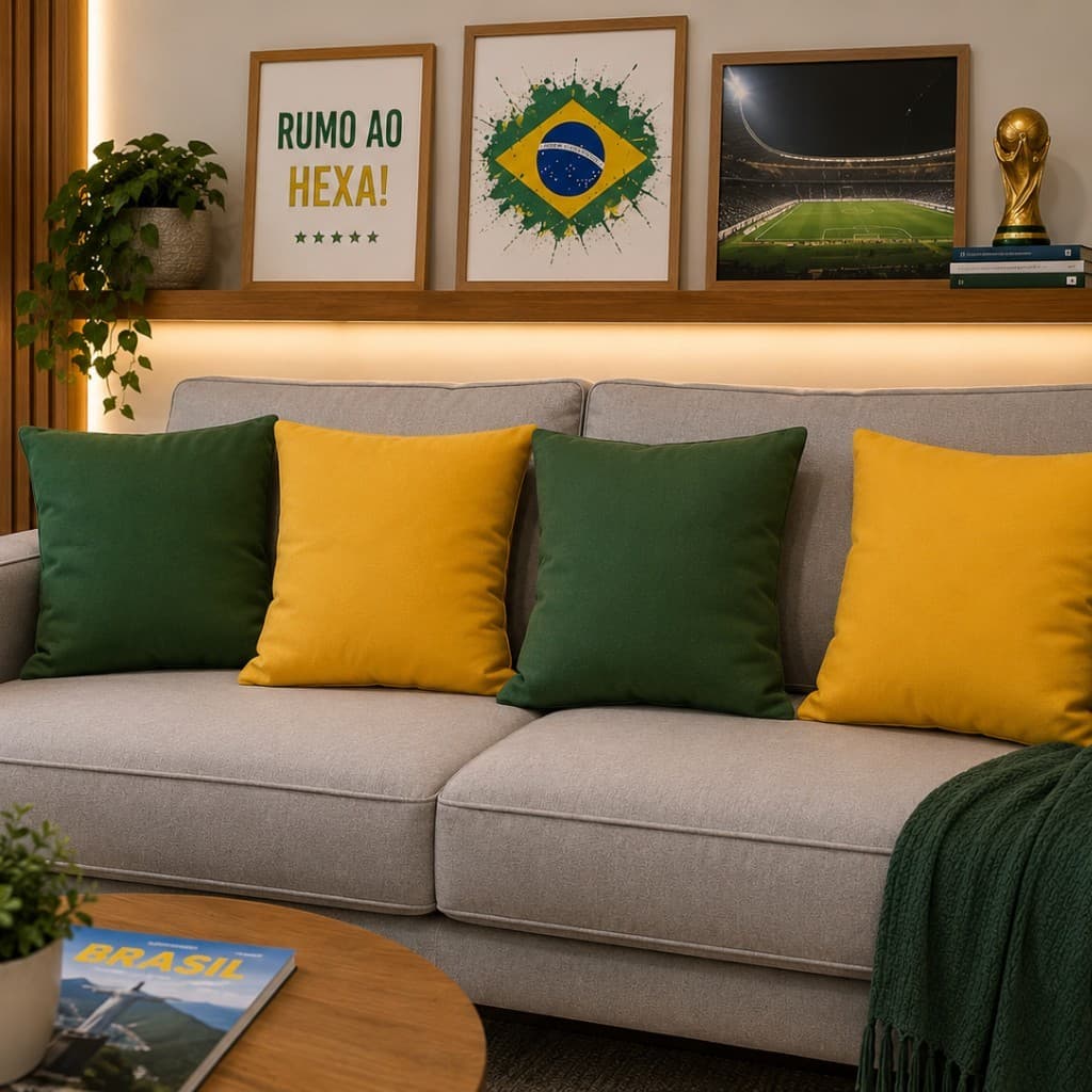 Capa de Almofada Copa do Brasil Kit 4 Peças Suede Aveludado Verde Amarelo