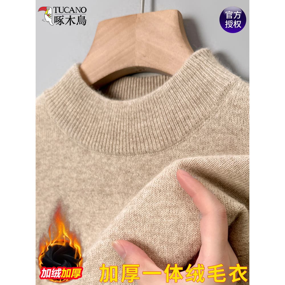 Suéter pica-pau masculino inverno meia gola alta forro de lã engrossado quente integrado lã malhas pai camisa de fundo