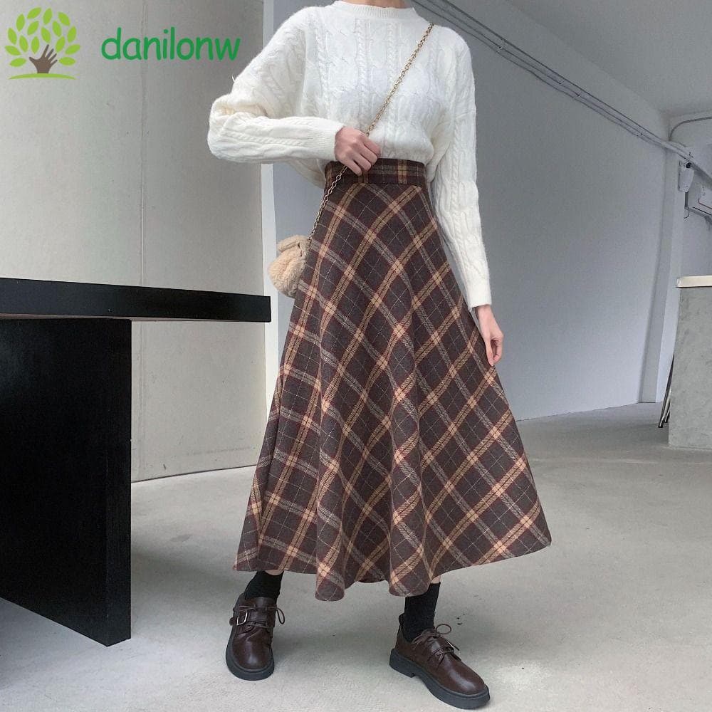 DANILO Saia Xadrez Retrô , Longa Clássica De Inverno Autumu De Cintura Alta , Corte Justo , Meio Vestido Evasê