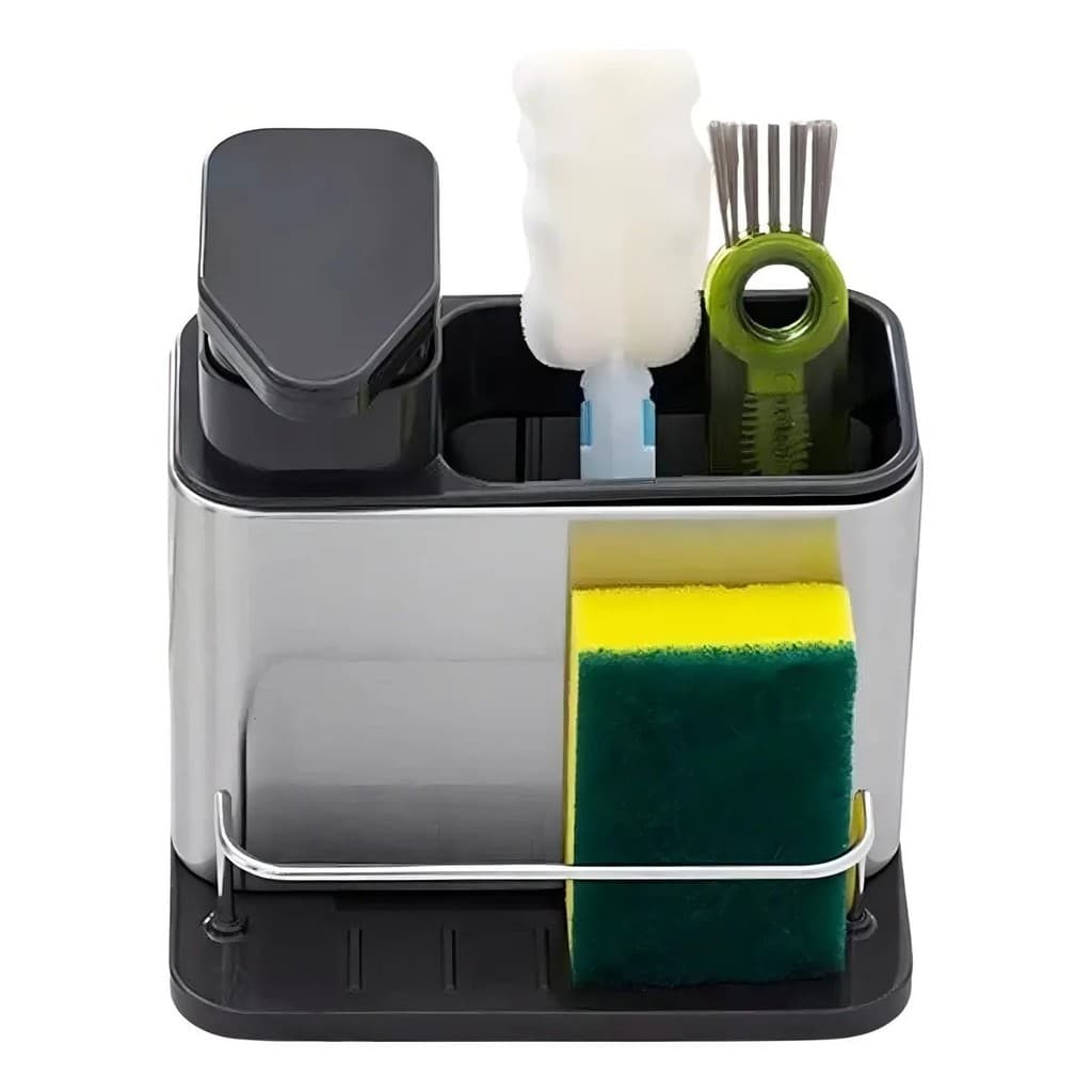 Porta Detergente Inox com Dispenser Sabão Liquido e Suporte Esponja Escorredor Talheres Organizador
