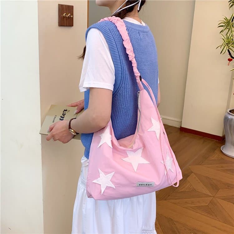 Commuter escola sacola de grande capacidade estrela remendo plissado alça de ombro bolsa de lona leve All-Match bolsa de