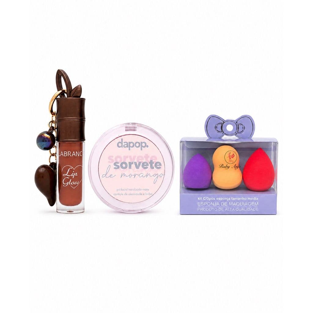 Kit Maquiagem Completo | Gloss + Pó Facial + Esponjinha