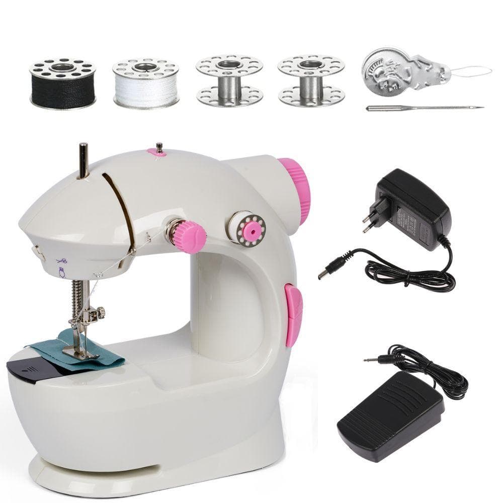 MAQUINA DE COSTURA MINI PORTATIL ELETRICA RETA PEDAL BOBINAS AGULHA DE MESA BIVOLT