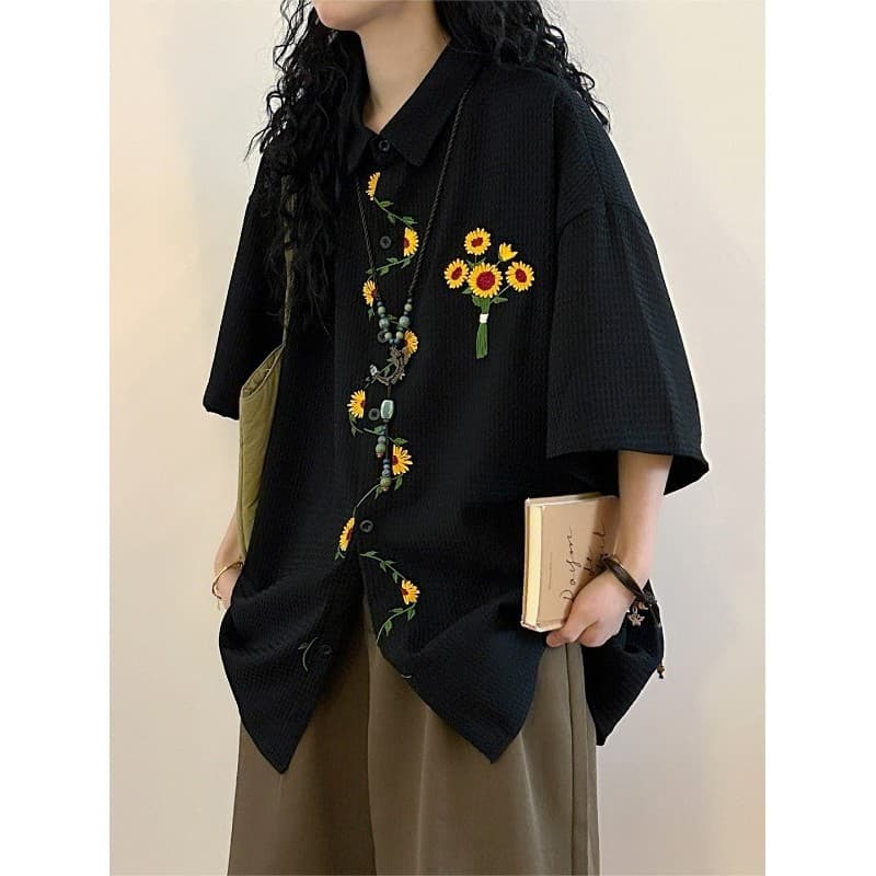 2026 primavera americano Retro tridimensional flor bordado camisa feminina de manga comprida nicho Design sentido girass