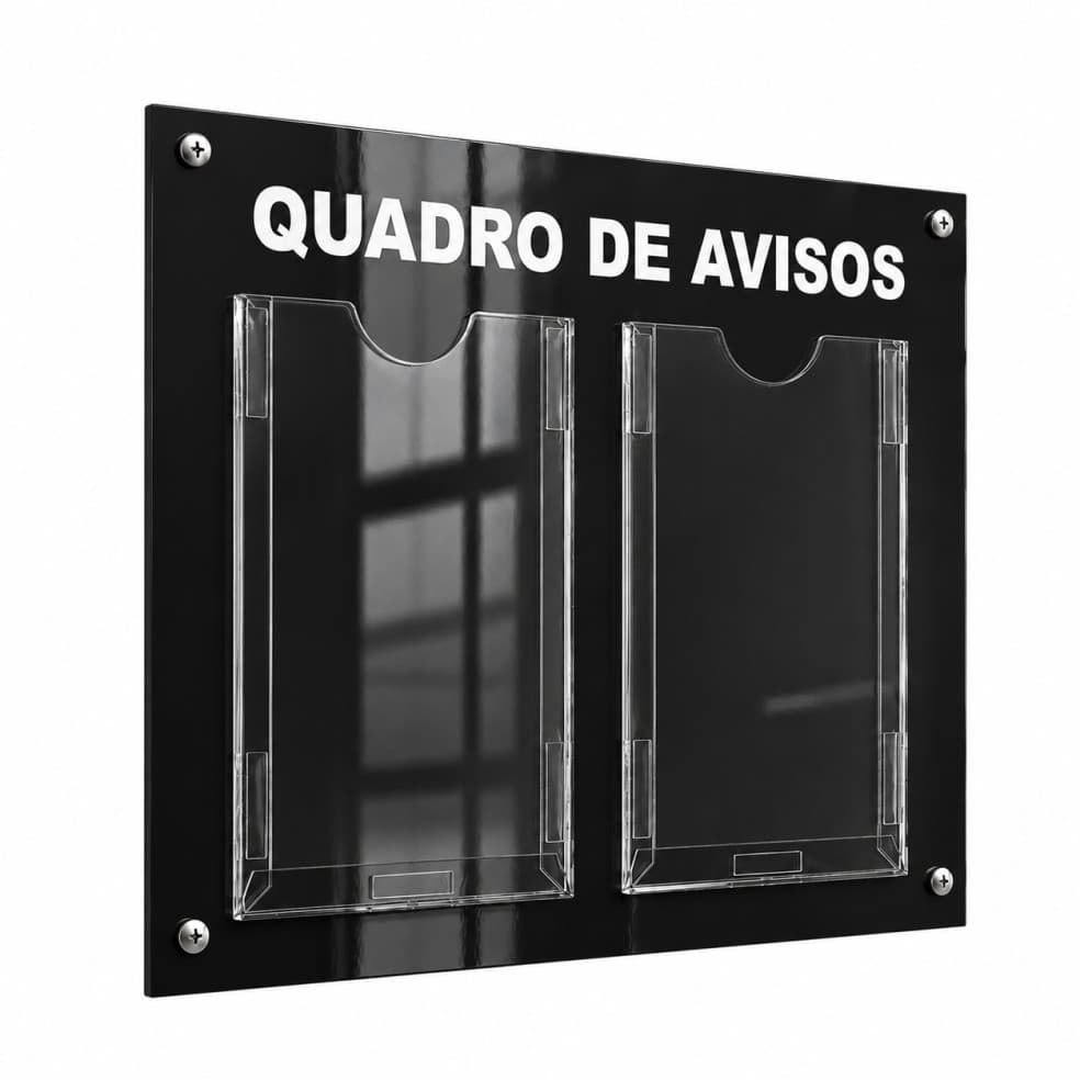Quadro Avisos e Gestão Á Vista Mural Informativo Recados Metas Empresa 2 Displays A4 ACM Preto