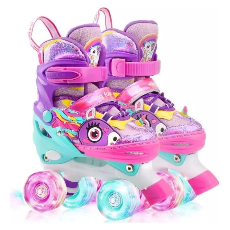 Patins Infantil Unicórnio Ajustável + Kit Proteção Led Full