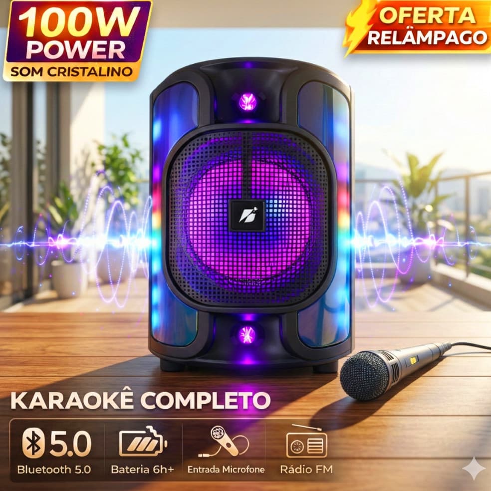 Caixa De Som Bluetooth 100W Potente + Microfone Karaokê LED RGB TWS Bivolt Som Festa Família