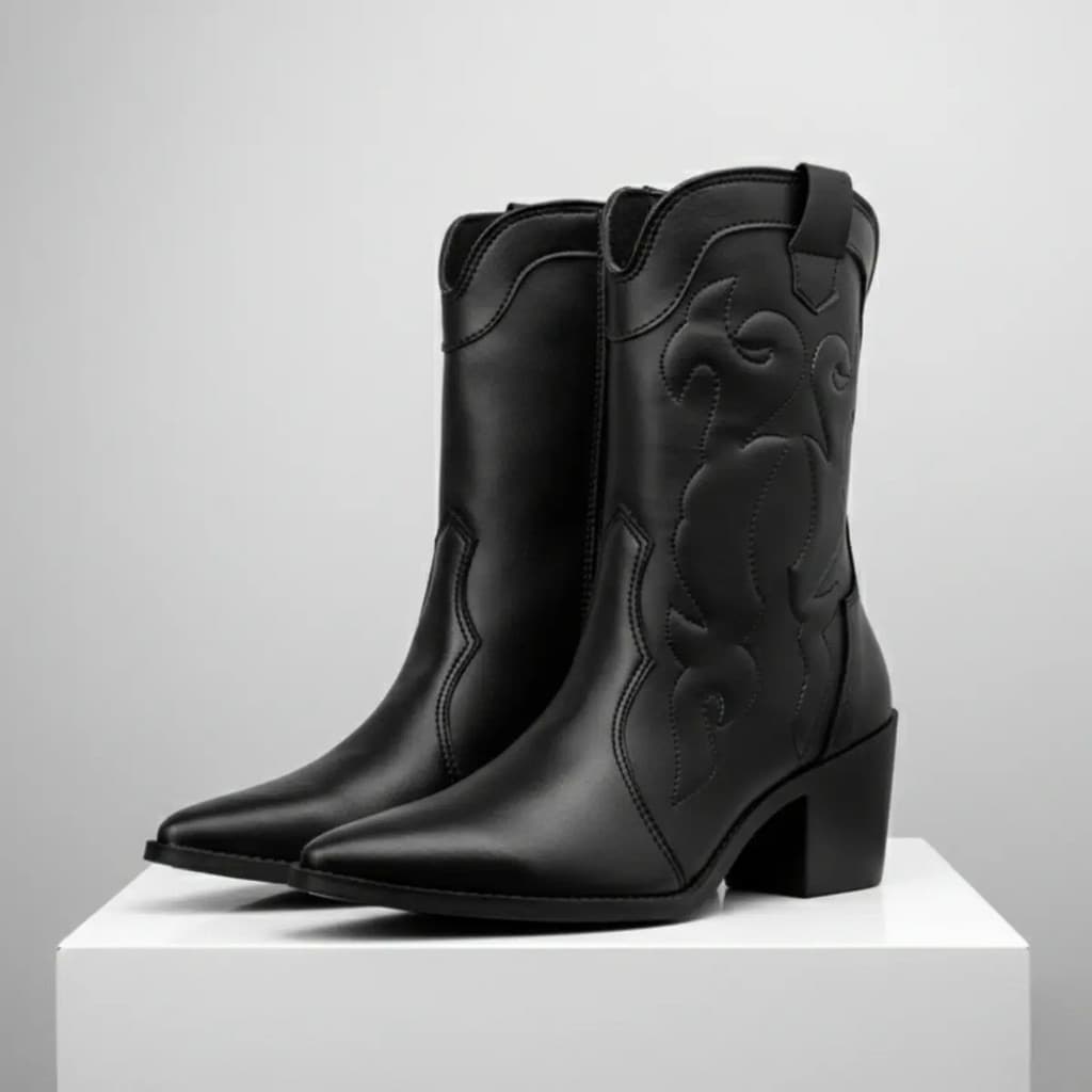 Bota Feminina Texana Country Couro Eco Salto Baixo Bico Fino