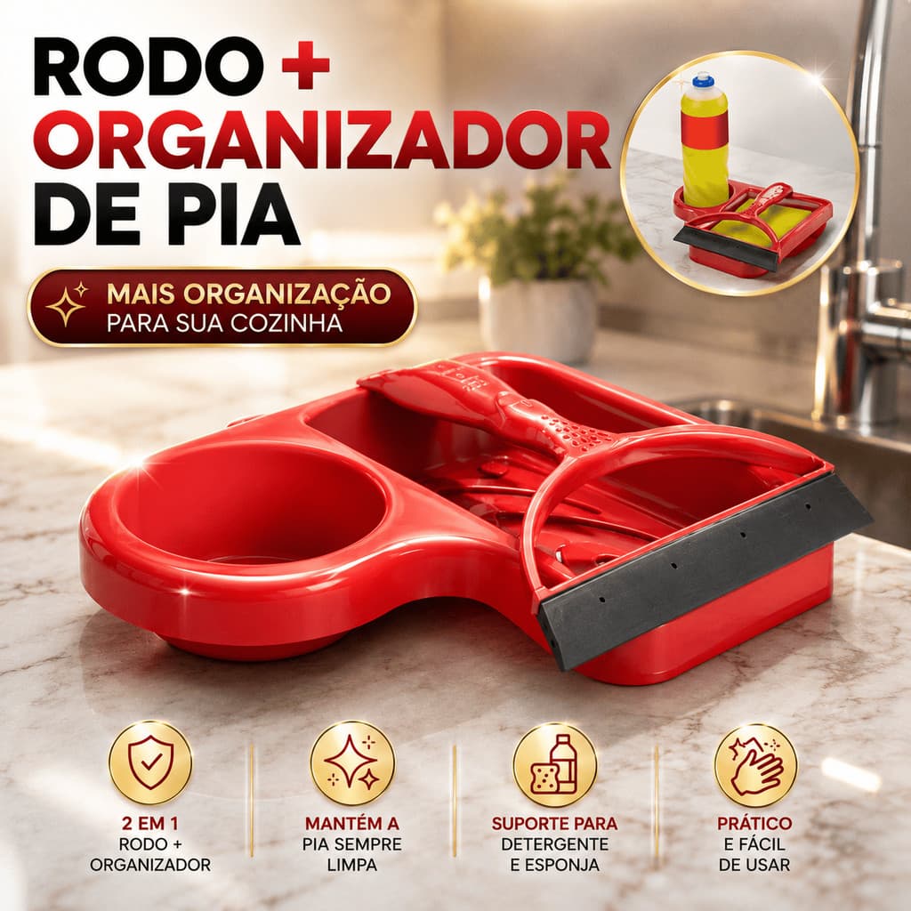 Kit Organizador de Pia Plástico e Rodo Rodinho Cozinha Multiuso Suporte Esponja Sabão Detergente Bucha Limpeza