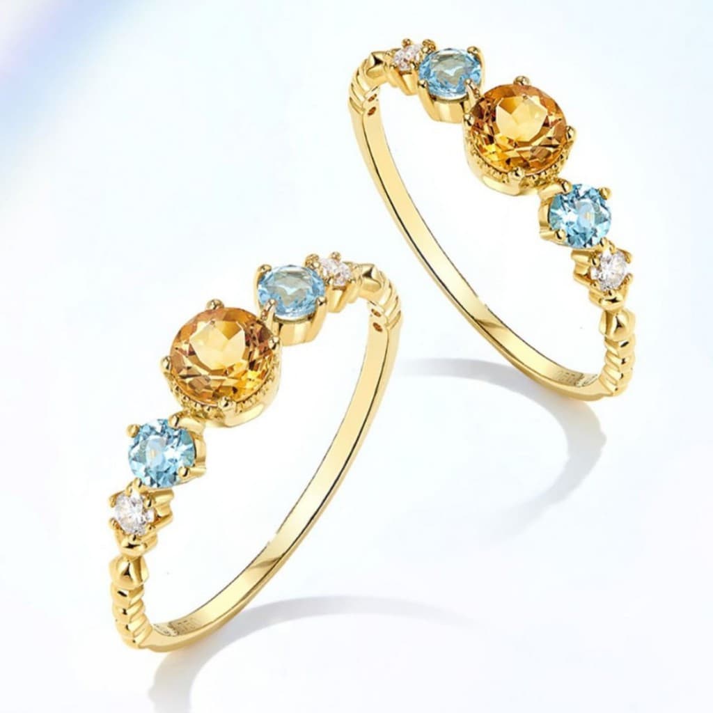 Anel Natural de pedra de alta imitação de ouro 18K Topázio azul luz colorida luxo anel feminino combinado