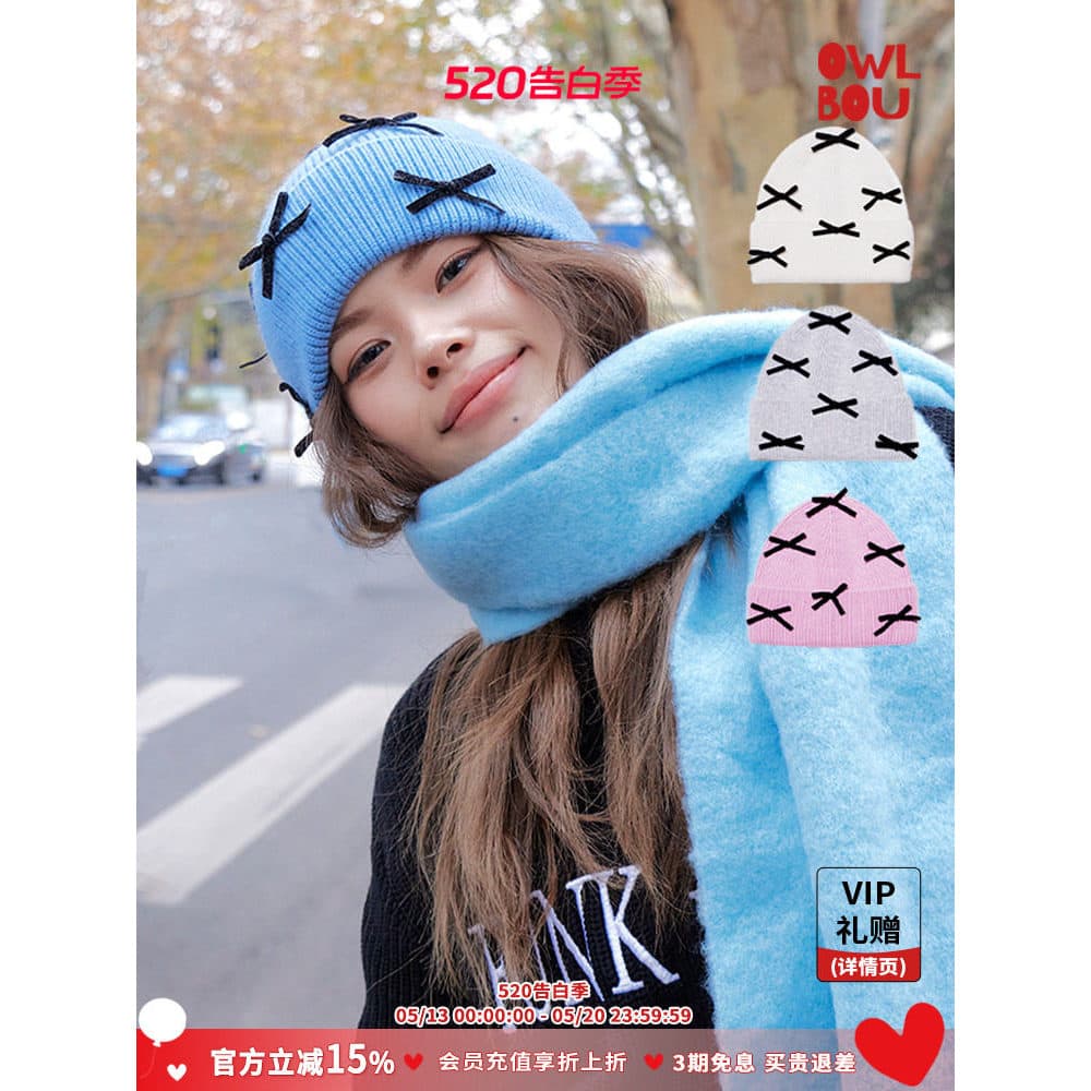 [Preço de evento 99 Yuan] HEYFUN Novo estilo inverno quente laço chapéu de lã nicho chapéu frio luvas de malha