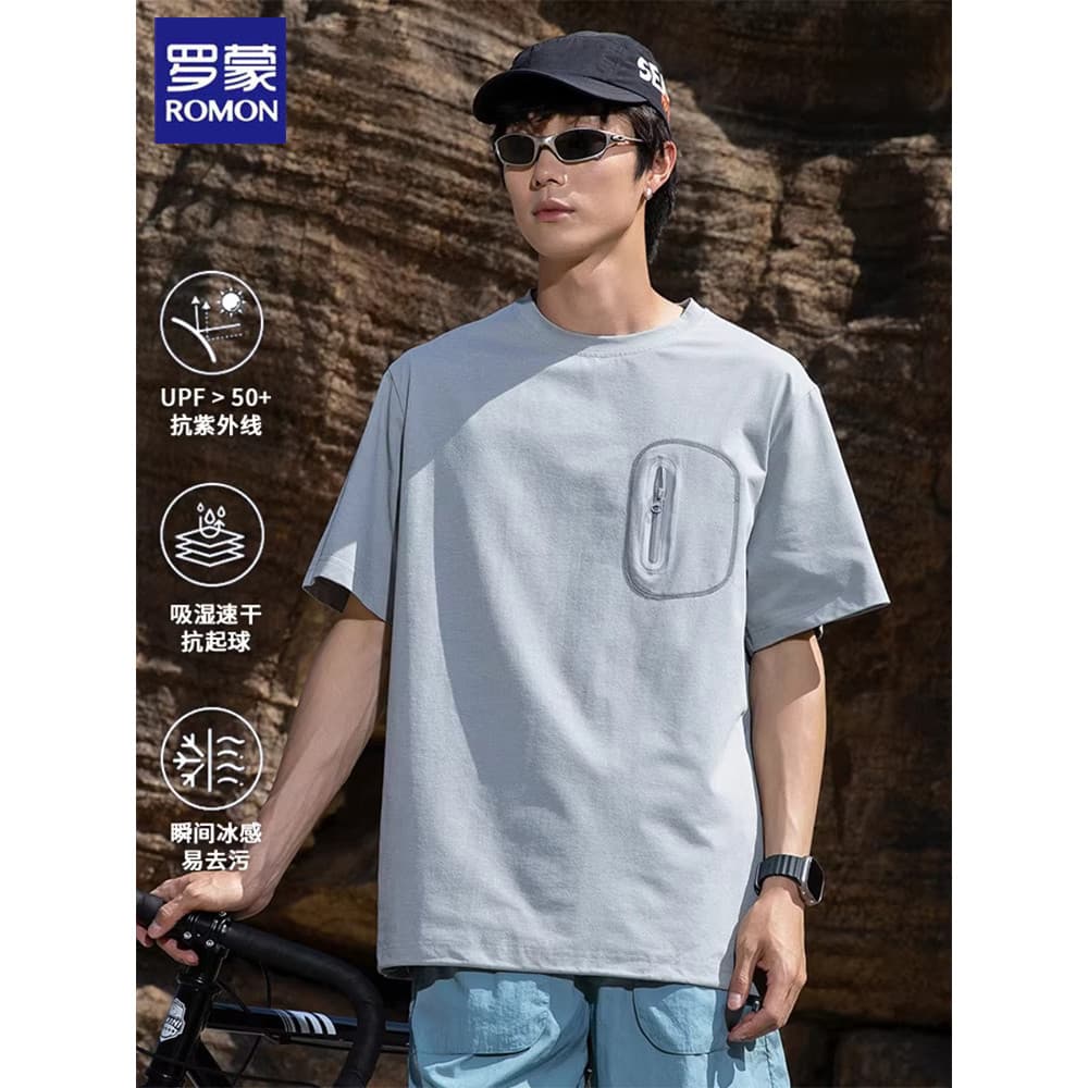 Lomon UPF50 + protetor solar ao ar livre esportes de manga curta camiseta masculina verão seda gelo estilo fino respiráv