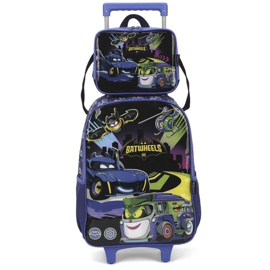 Kit Mochila Rodinhas Lancheira Batwheels Escolar Azul Luxcel