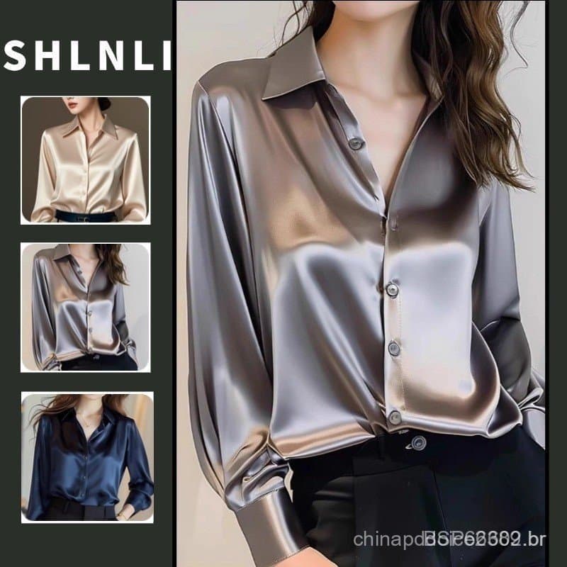 Primavera Outono Requintado Blusa De Cetim De Cor Sólida Para Mulheres Estilo Escritório Camisa Chique De Manga Comprida