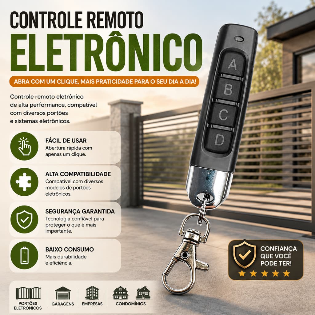 Controle Remoto Elétrico 4 em 1 Universal Ultrafino Porta Garagem Instalação Simples Prática e Desempenho Estável
