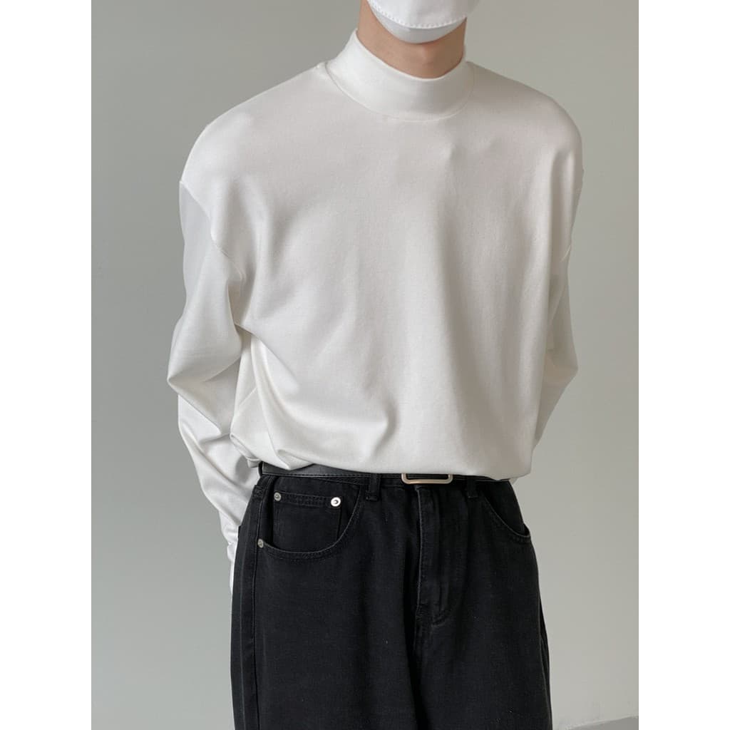 Outono inverno meia gola alta camisa de fundo masculina solta branca quente gola média roupas de outono interior dupla f