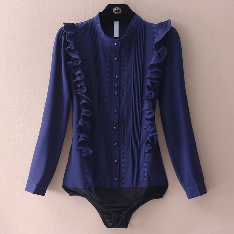 Indústria pesada Chiffon gola alta babados camisa feminina Drape camisa superior feminino macacão de renda contínuo moda