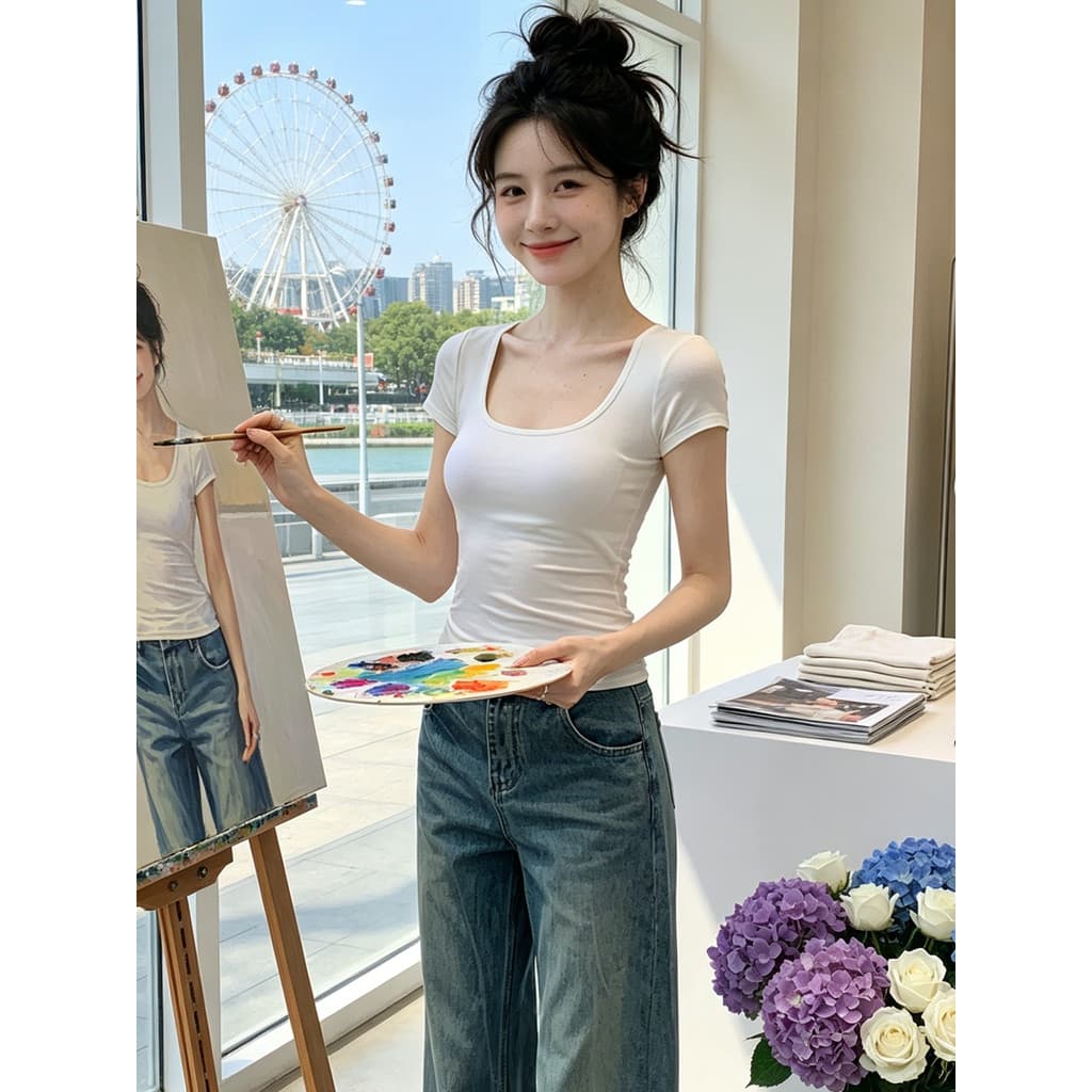 Verão novo estilo feminino ombro branco manga curta magro-ajuste mais magro olhar pequena camisa modificada com decote e