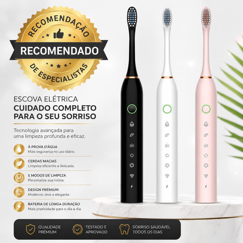 Escova de Dentes Elétrica Recarregável Sonic IPX7 Original USB 6 Modos 4 Refis Bateria Longa Duração