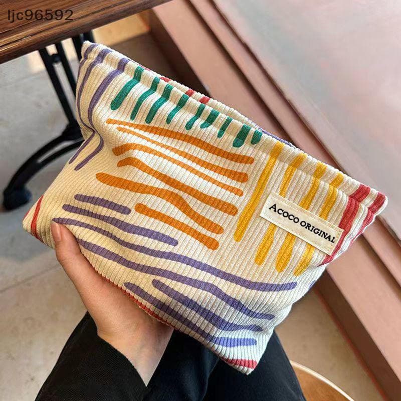 [ljc] Bolsa Cosmética De Veludo Com Listras Coloridas Portátil Para Viagem De Higiene Pessoal Cuidados A Pele Diversos A