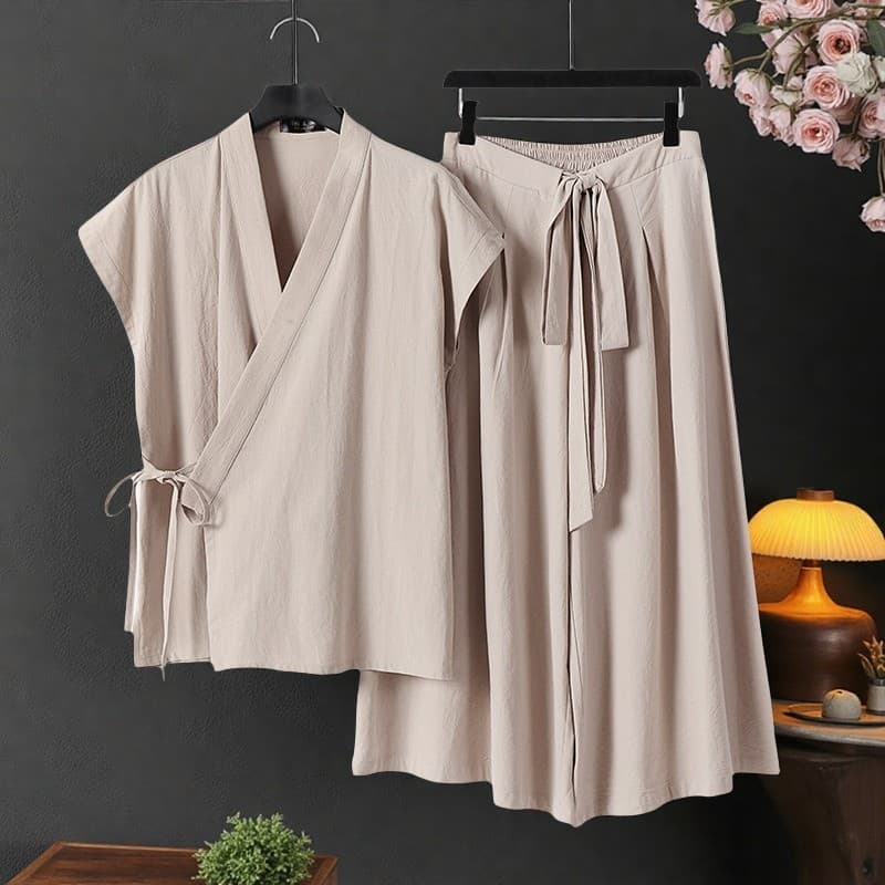 Terno de linho de algodão masculino verão roupas taoístas sem mangas linho chinês Hanfu colete verão calças de perna lar