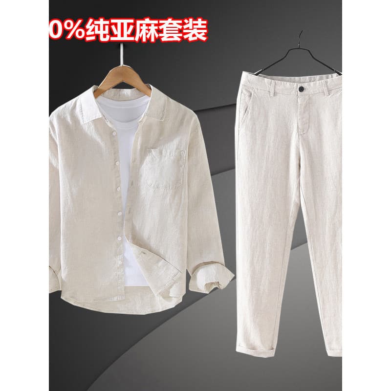 Terno de linho puro masculino Casual camisa de manga comprida jaqueta de primavera camisa masculina verão calças finas e