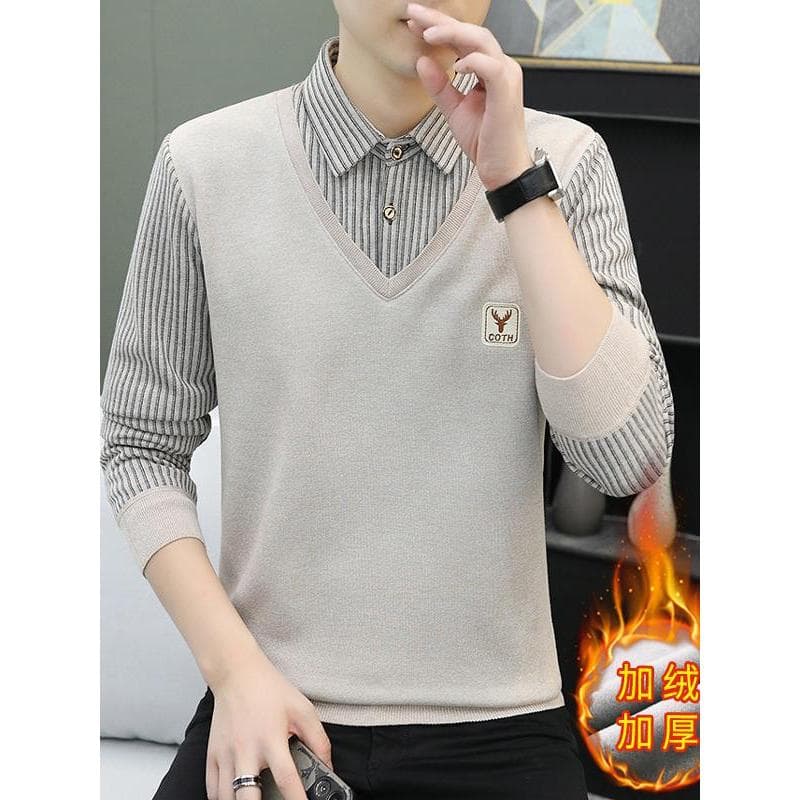 Suéter falso de duas peças masculino, forro de lã de inverno, camisa espessada, gola, malhas, solto, peça única