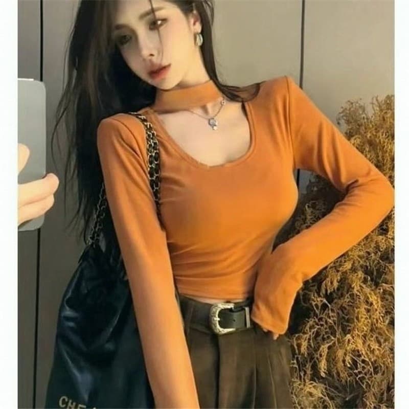 Primavera outono novo estilo doce quente menina cor sólida U-pescoço Halterneck manga comprida camiseta feminina elástic
