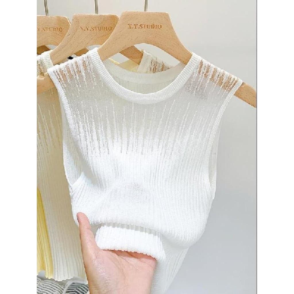 Camisola de malha feminina primavera verão venda quente camisa de fundo interno sem mangas curto gelo seda malha exterio