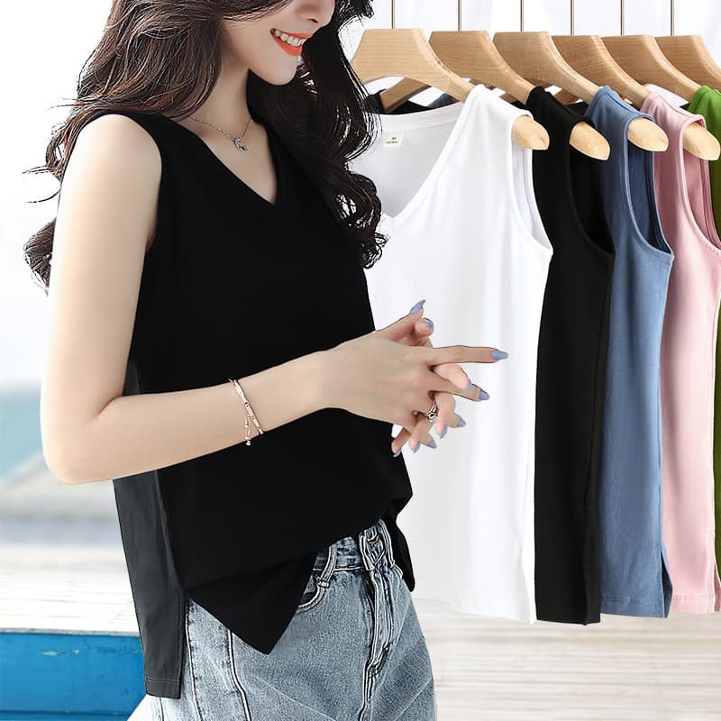 Colete de algodão puro sem mangas com decote em v bainha fenda camiseta camisola feminina verão exterior Wear interior t