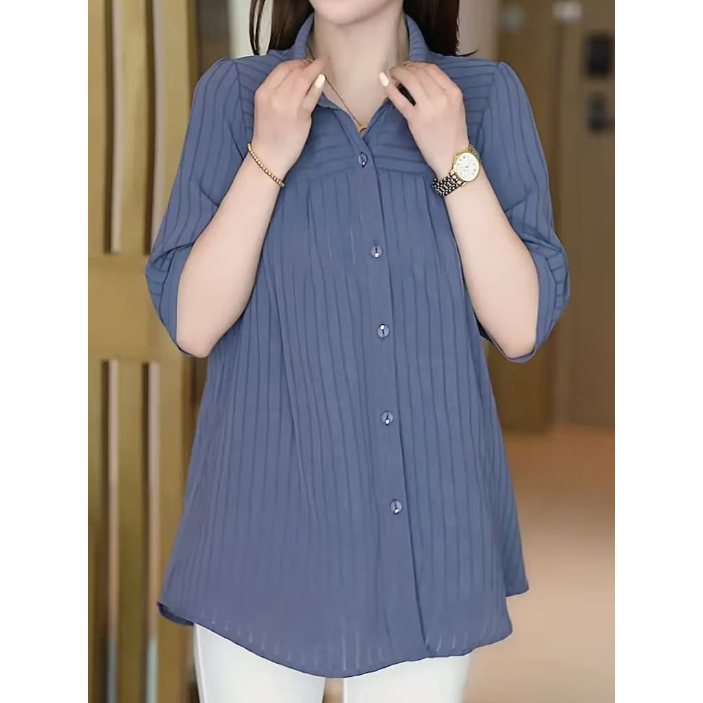 Camisa listrada de manga curta de comprimento médio feminina 2025 verão novo estilo solto tamanho grande cobertura super