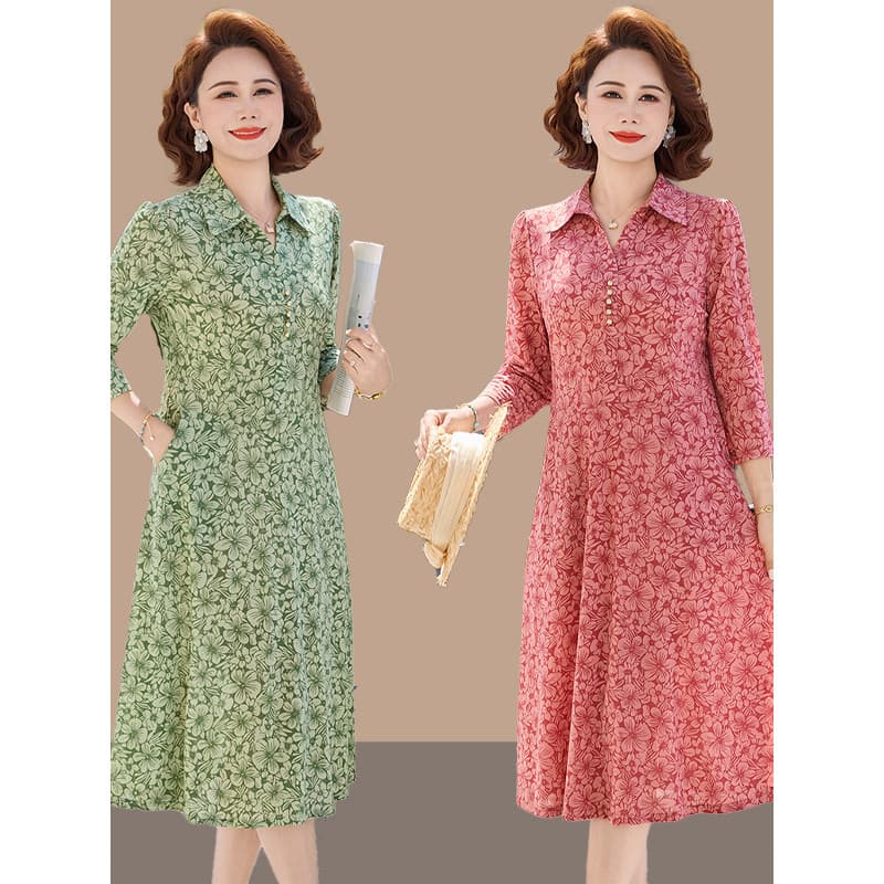 High-End mãe verão manga três quartos vestido Floral solto cobrindo carne lapela grande saia Swing sobre o K