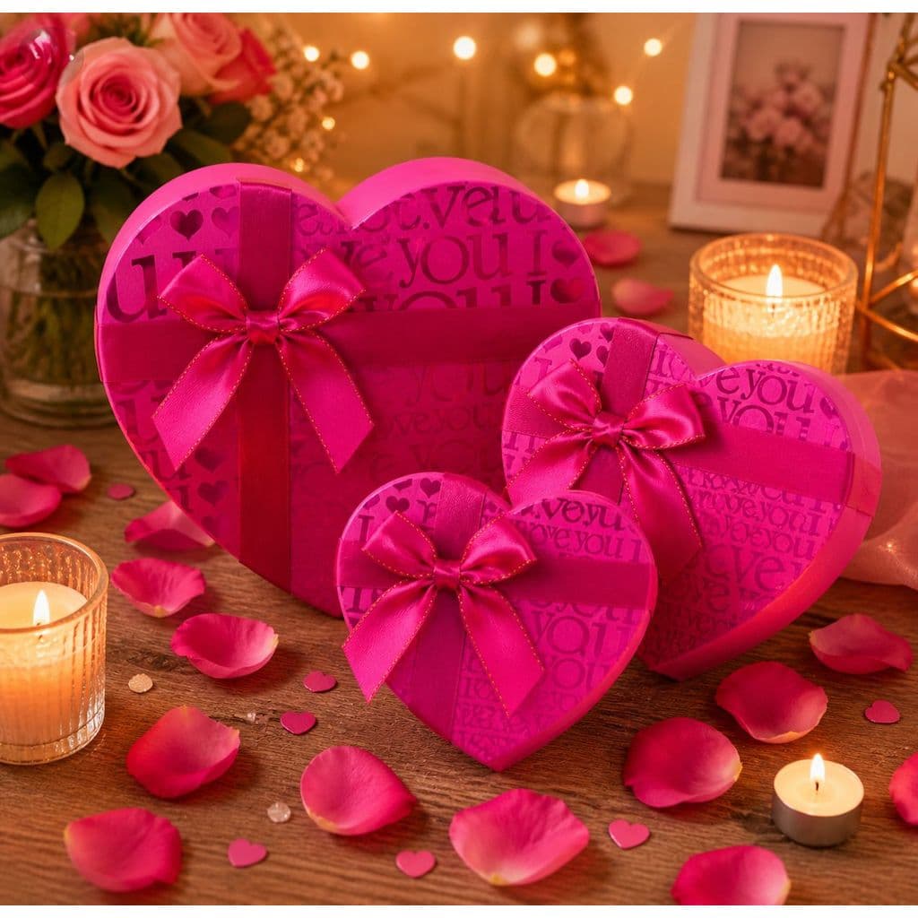 3 Caixas Presente P M G Coração Love You Rosa com Laço Luxo