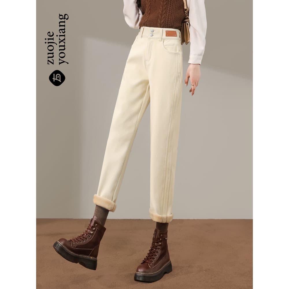 Forro de lã bege engrossado Jeans feminino 2026 primavera outono novo estilo cintura alta mais magro olhar Harem cenoura