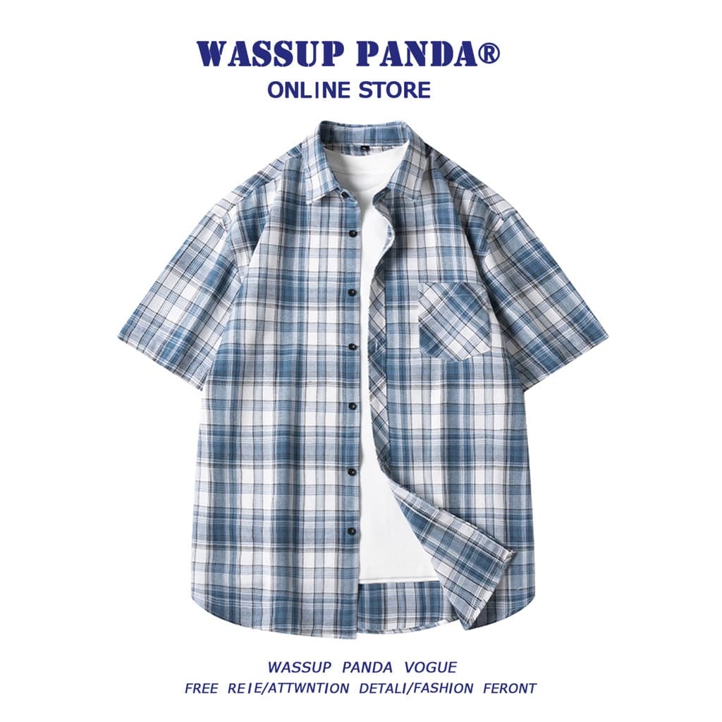 WASSUP PANDA Camisa japonesa xadrez de manga curta masculina verão na moda solta Casual meia manga jaqueta