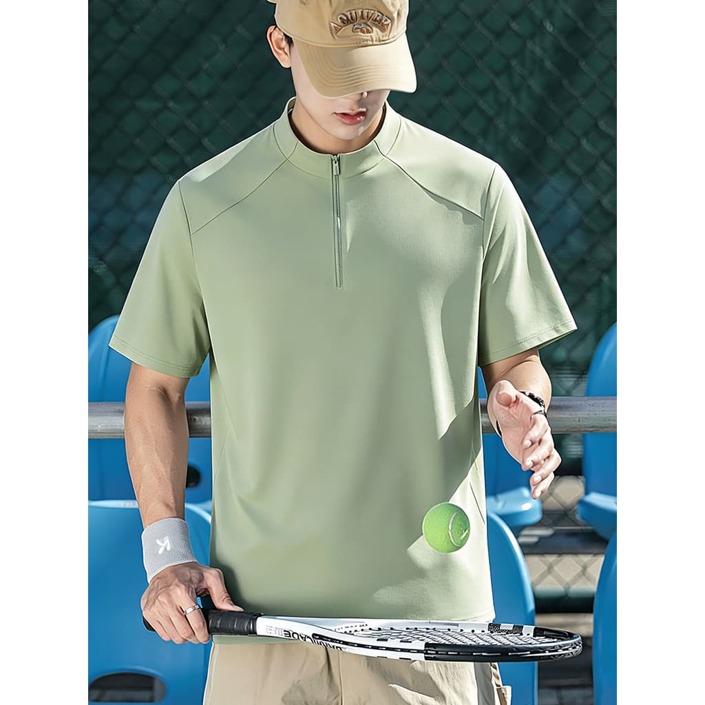 Estilo esportivo meio zíper camiseta de manga curta masculina respirável de secagem rápida gola alta solta fina topo ao