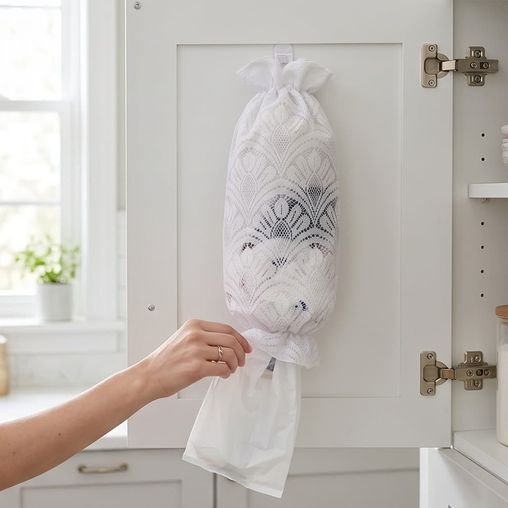Puxa Saco Renda Branca Porta Sacolas Plásticas Organizador De Cozinha Elegante 46 cm