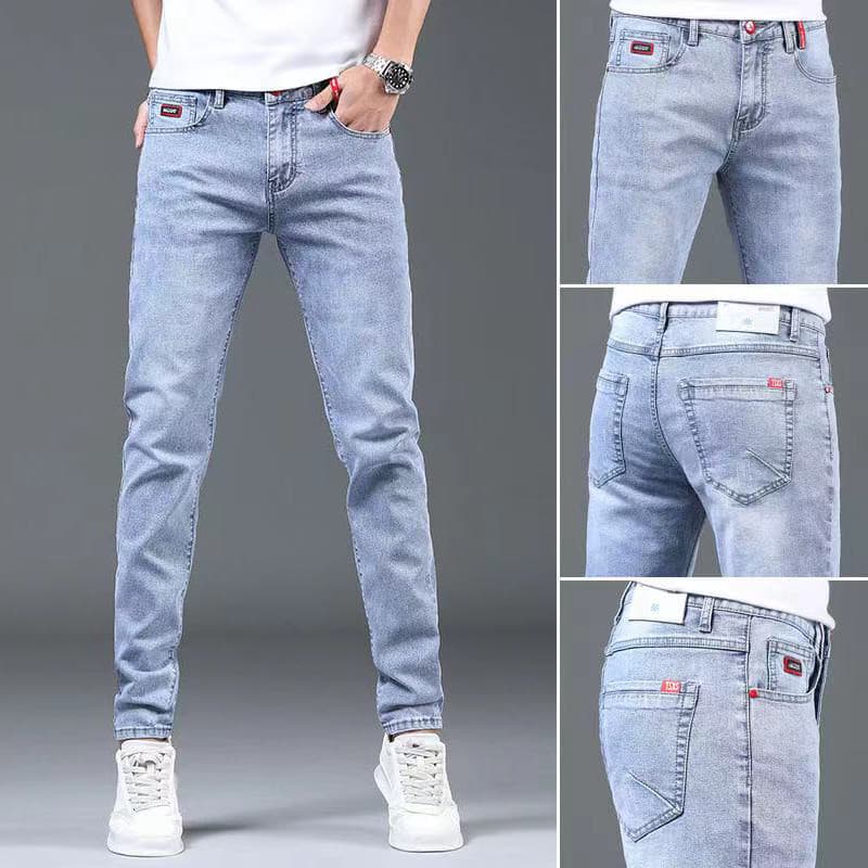 Outono inverno High-End estiramento Jeans masculino versão coreana magro-ajuste calças magras cor clara Street Wear All-