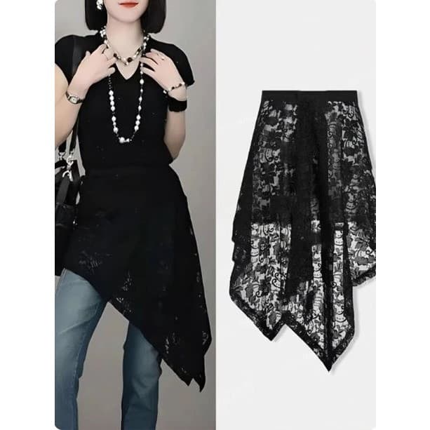 2026 novo estilo Irregular Retro bainha saia de renda feminino mais magro olhar All-Match cobrindo carne mais magro