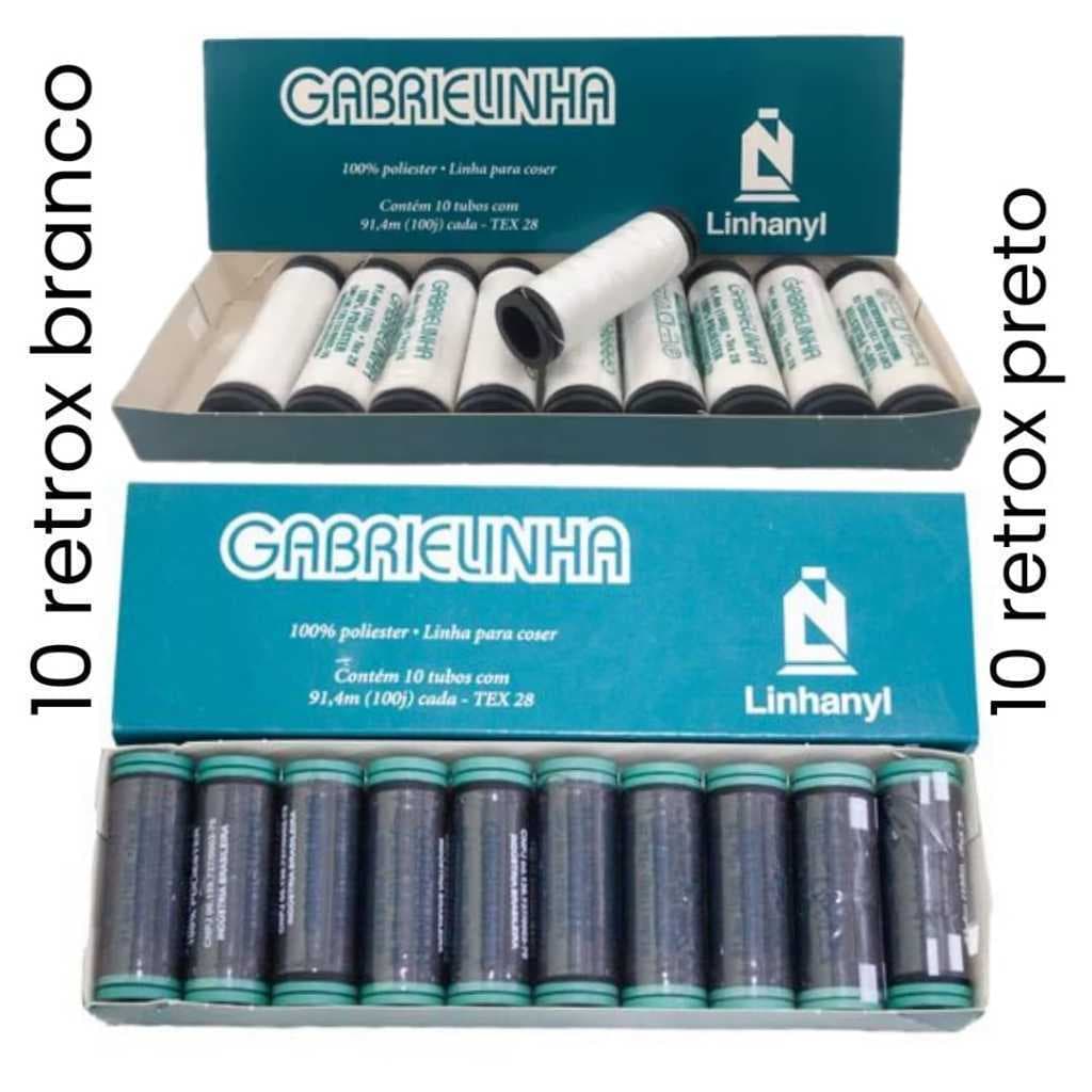 Kit 20 Linhas Gabrielinha costura maquia de costura 100% poliéster kit 10 preto + 10 branco 91,4 mt cada
