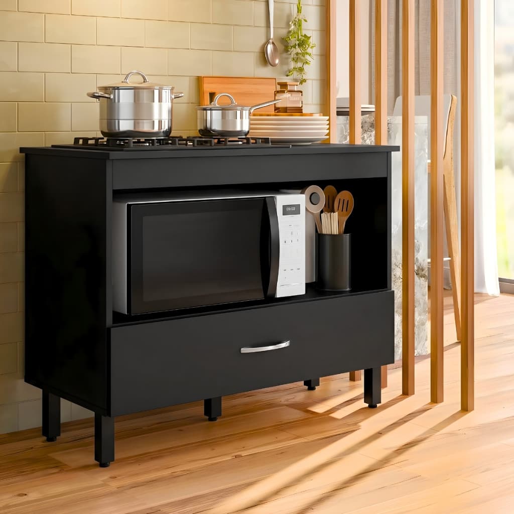 Balcão de Cooktop 4 e 5 Bocas Armário Para Cozinha Com Gaveta Suporte Para Forno Grande Branco Preto