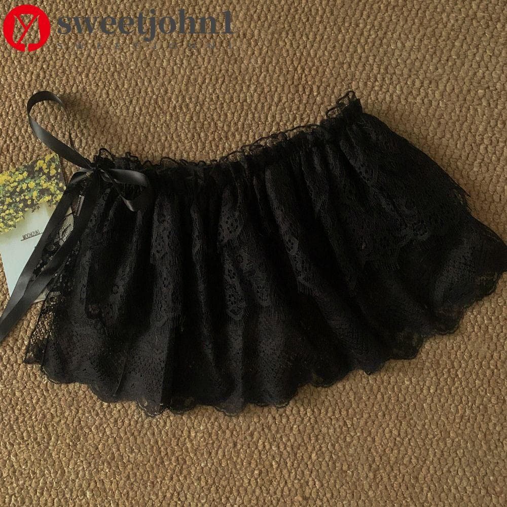 SWEETJOHN1 Cortina De Peido De Renda Branca , Mini Saias Estilo Balé Com Cadarço , Curtas Babados Coreano
