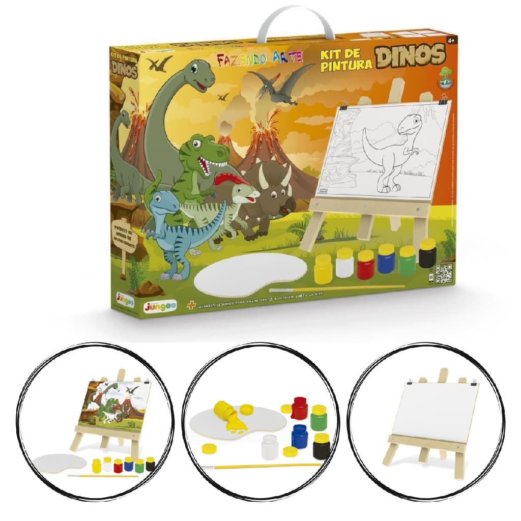 Kit Pintura Infantil Tela, Cavalete e Tintas Dinossauros MDF