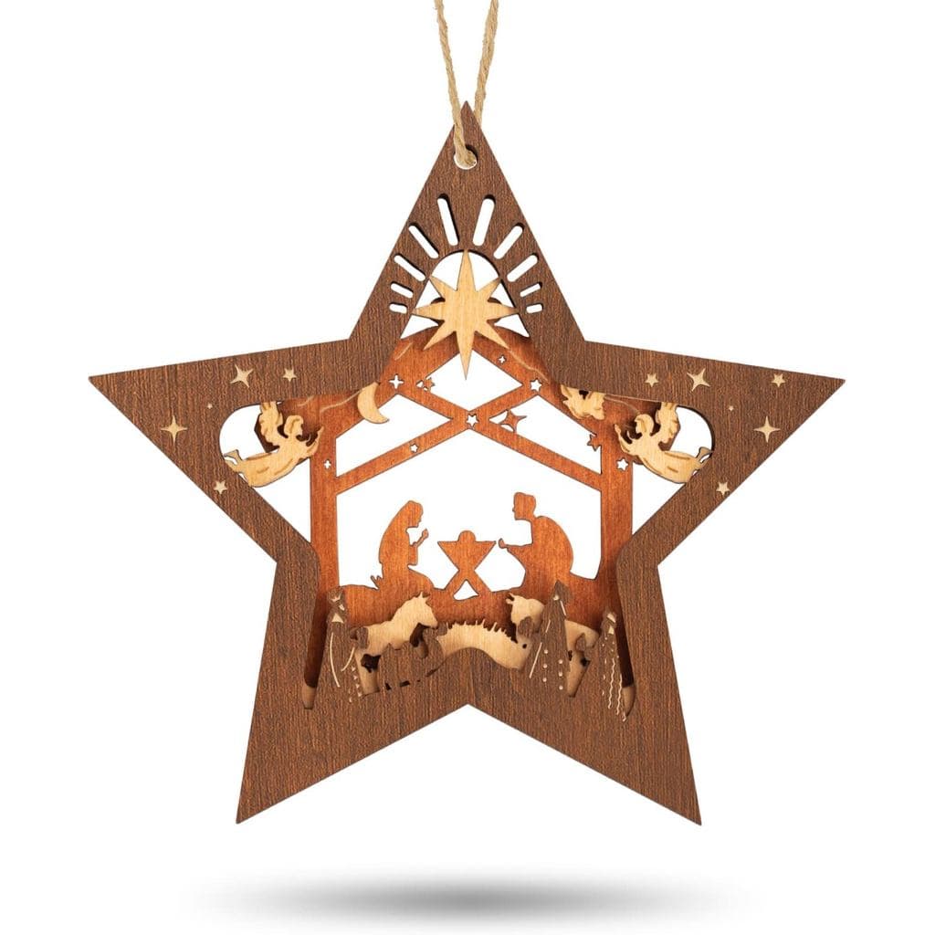 Enfeites de Cena de Natividade Creawoo, Ornamento de Natal de Madeira em Forma de Estrela para Pendurar na Árvore de Nat