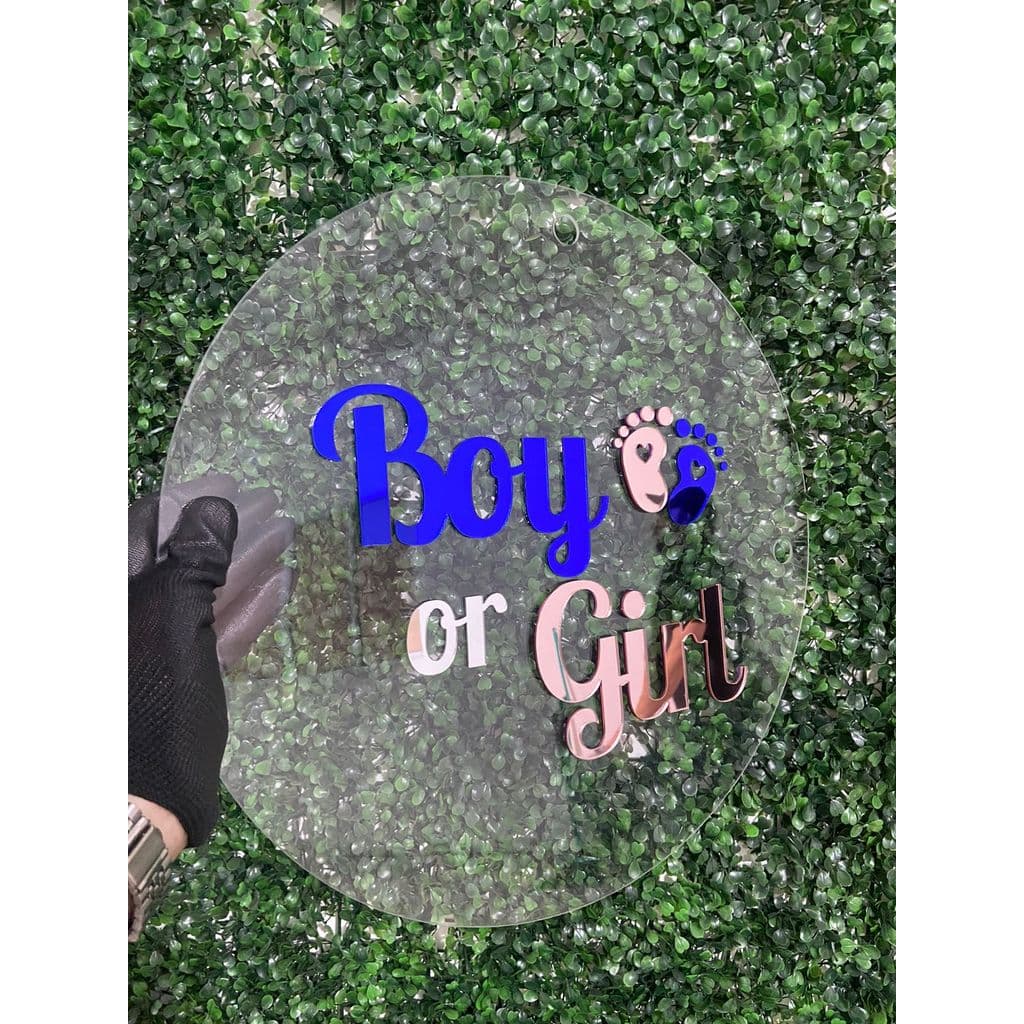 Placa Acrílico 2mm Redonda Boy or Girl Azul Rosa Pegadas Chá Revelação Descoberta Sexo Bebê 40cm