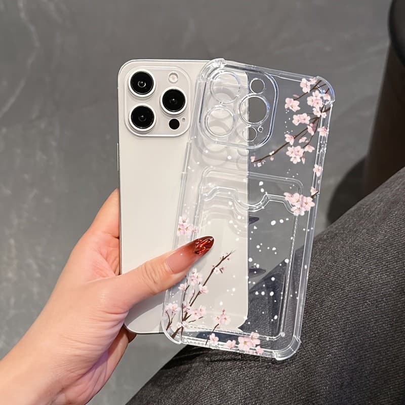 Capinha sakura transparente com cartãoa Anti-impacto Para iPhone 17 16 pro max 11 12 13 14 15 plus capa