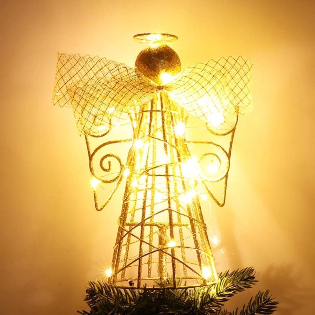 Ponteira para Árvore de Natal, Hogardeck 3D Anjo Dourado com Laço de Fita para Decoração de Natal, 30 Luzes LED com Temp