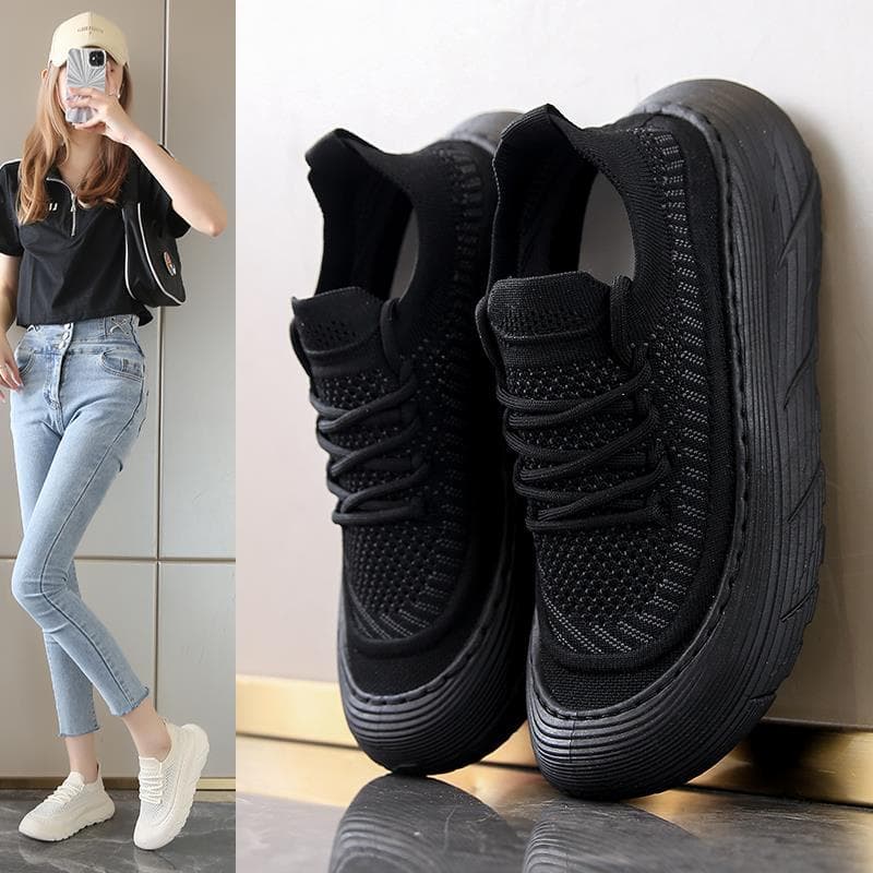 Coco sapatos femininos verão respirável fino voando tecido malha sapatos casuais leve sola macia correndo preto esportes