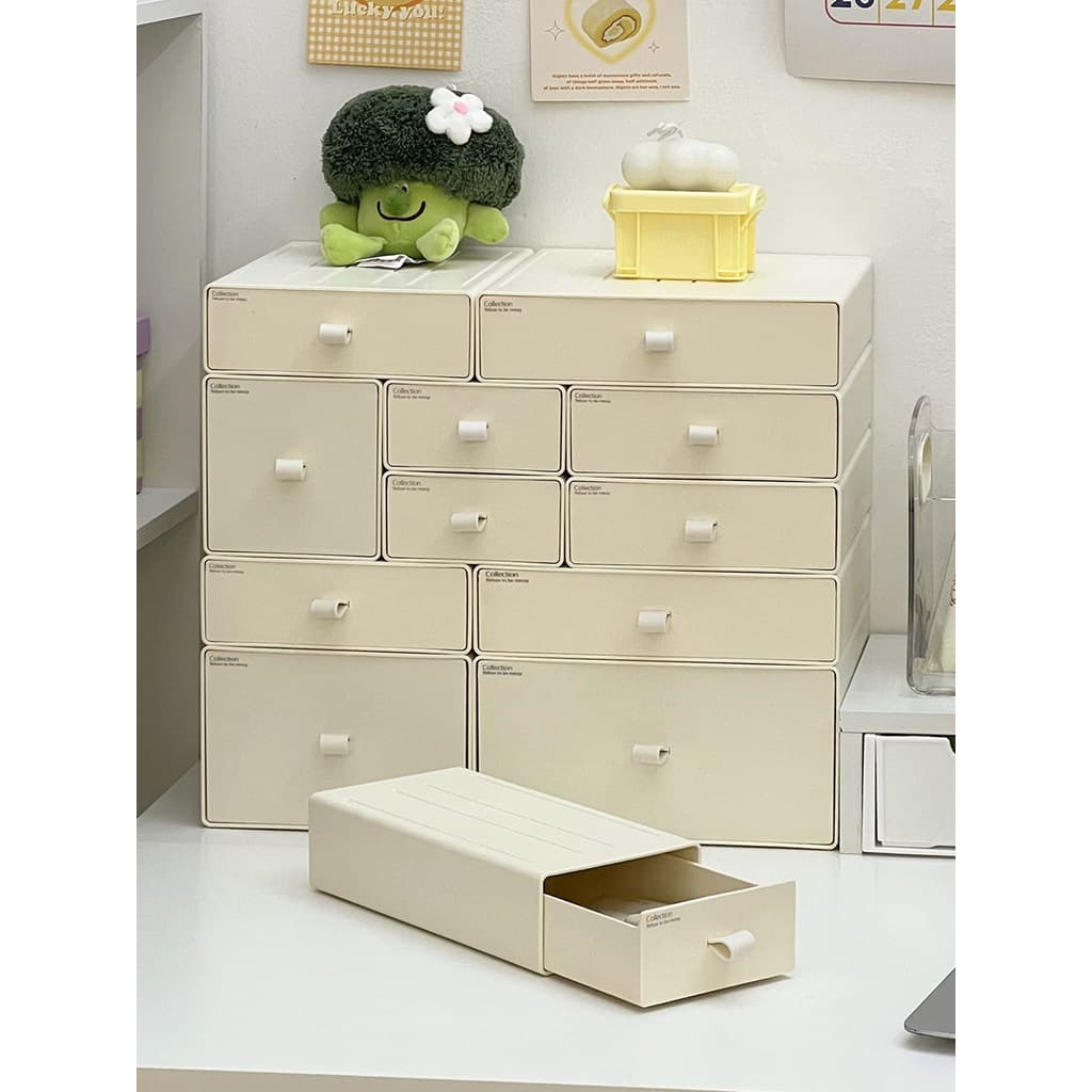 Caixa de armazenamento de mesa estilo creme, estilo gaveta, dormitório estudantil, armazenamento de cosméticos, escritór