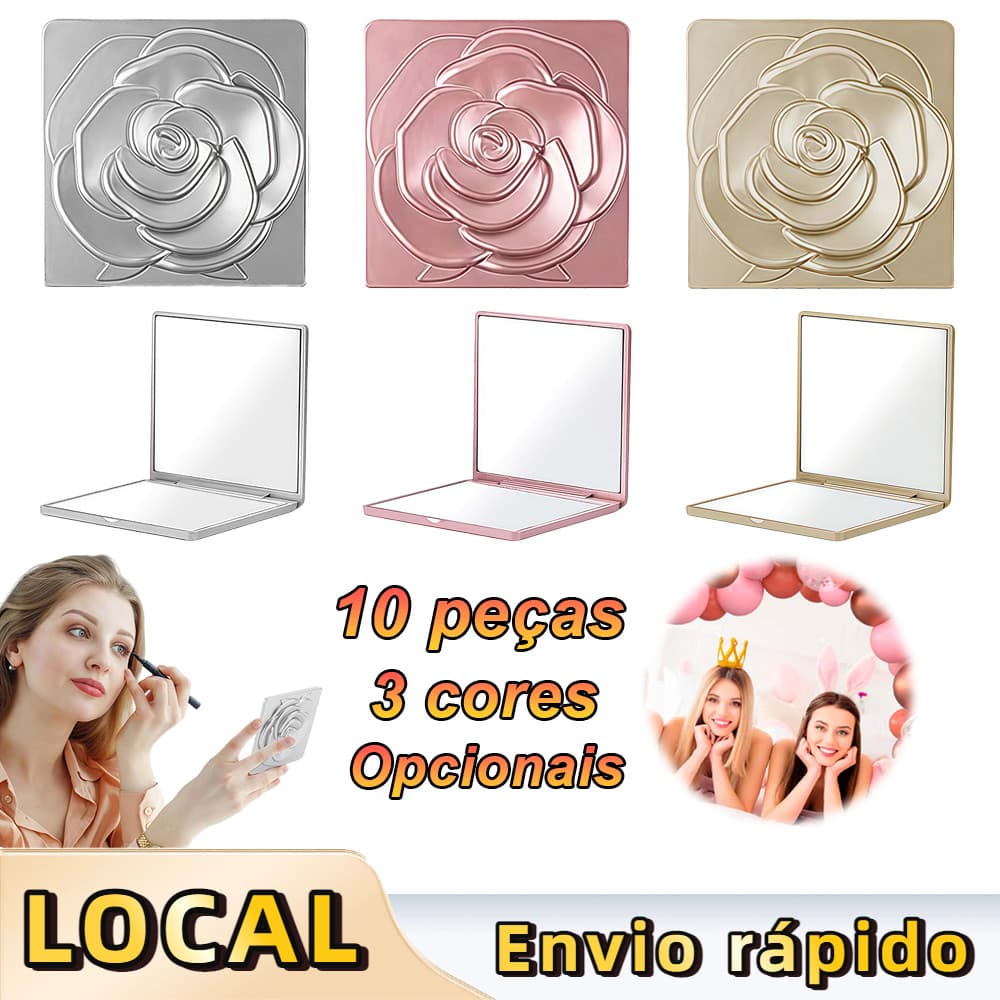 Kit 10 Espelho Portátil Rosa Flor Quadrado 7,2cm – Espelho de Mão, Dupla Face, para Bolsa e Viagem